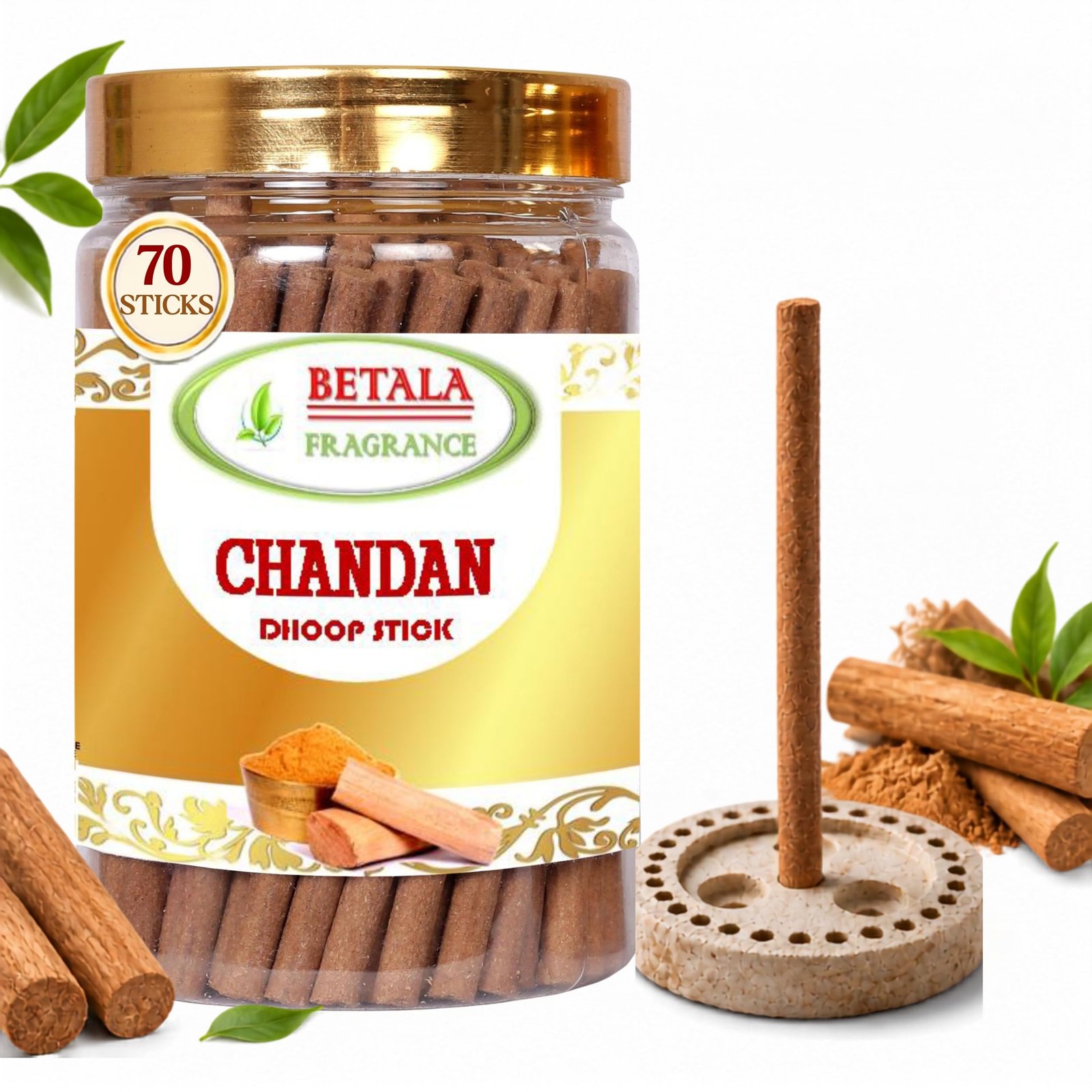 Betala Fragrance Chandan (Sandalwood) Flavour Dhoop Sticks for Pooja, Pack of 200 Gm Dhup Batti with Holder, Agarbatti, Incense Stick, Sandal, Cones, Cup, Sambrani (200 Gm, Chandan)