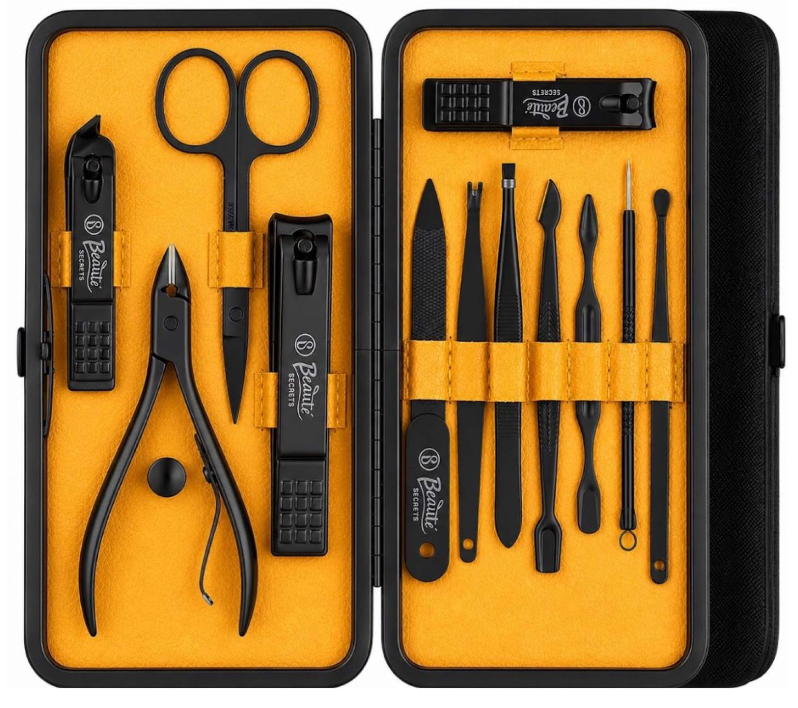 Beauté Secrets Essentials Manicure Set Nail Clippers, Stainless Steel Nail Scissors Grooming Kit, Acne needle, Blackhead Tool Leather Travel Case (Yellow)