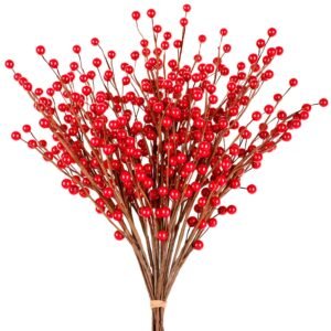 Whaline 12 Pack Red Berry Twig Stem, Artificial Burgundy Berry Picks for Christmas Tree Decorations, Crafts, Wedding, Holiday Home Decor