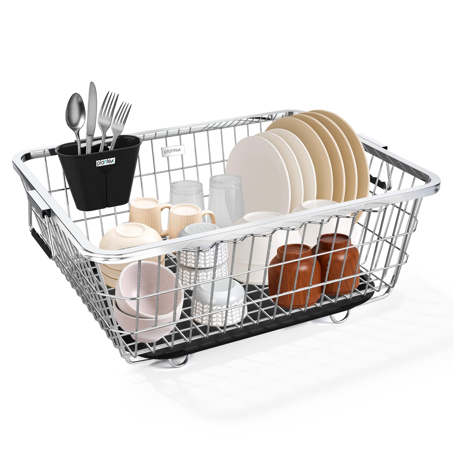 Plantex Stainless Steel Dish Drying Rack/Utensil Drying Rack for Kitchen/Dish Rack with Drainer Tray/Vessel Drainer Basket for Utensils/Bartan Basket Stand (Size- 58.5×44.5×23.5 CM – Chrome Finish)