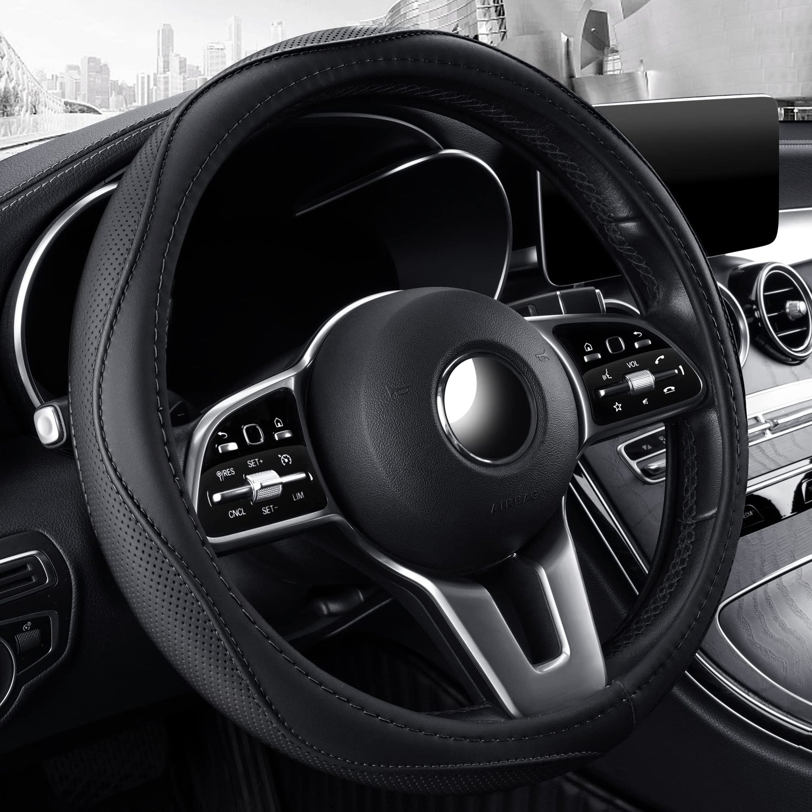 Microfiber Leather 15″ Universal Fit Car Steering Wheel Cover, Elastic Breathable and Odorless, Black