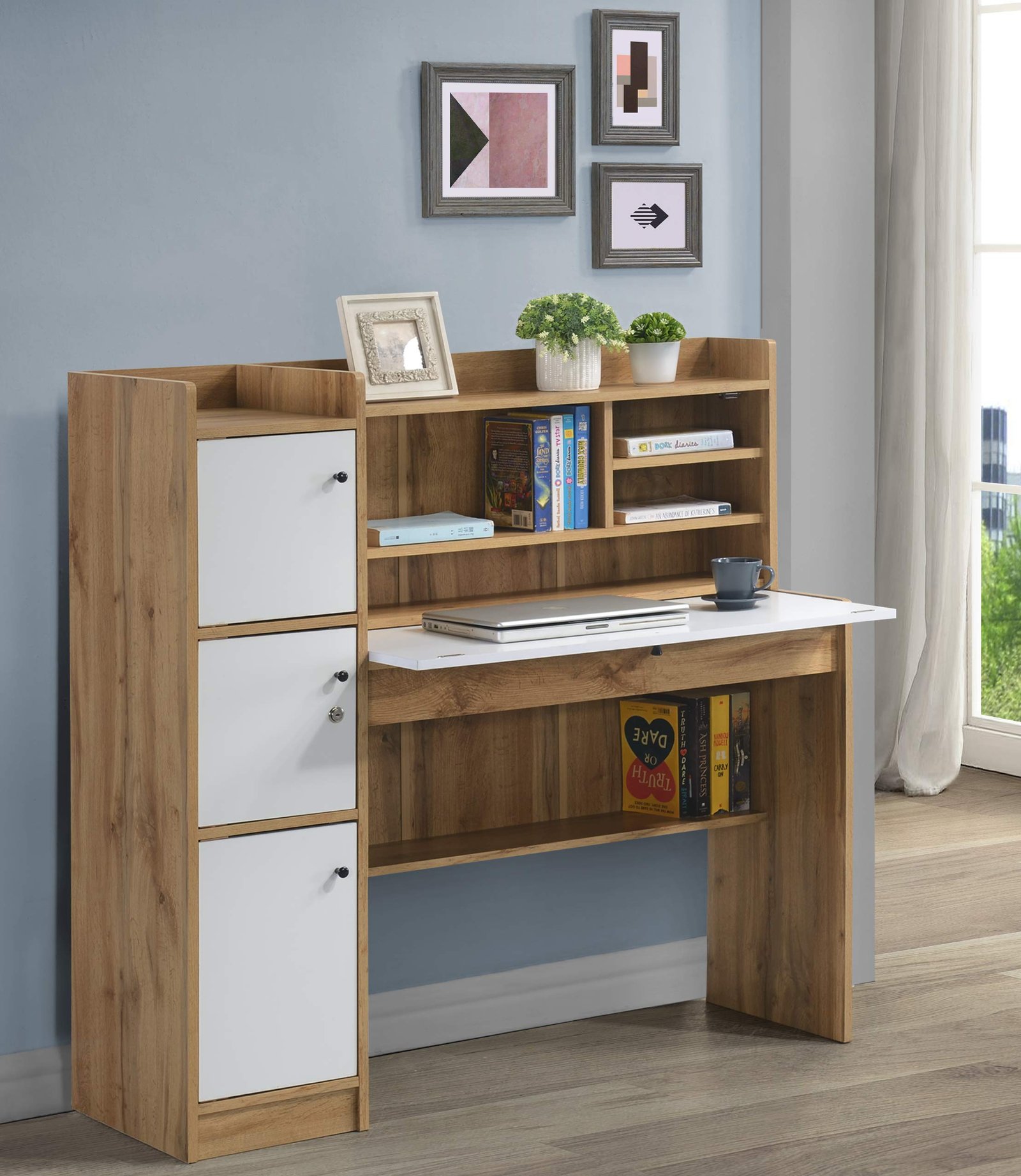 DeckUp Plank Versa Engineered Wood Study Table and Office Desk (Wotan Oak and White)