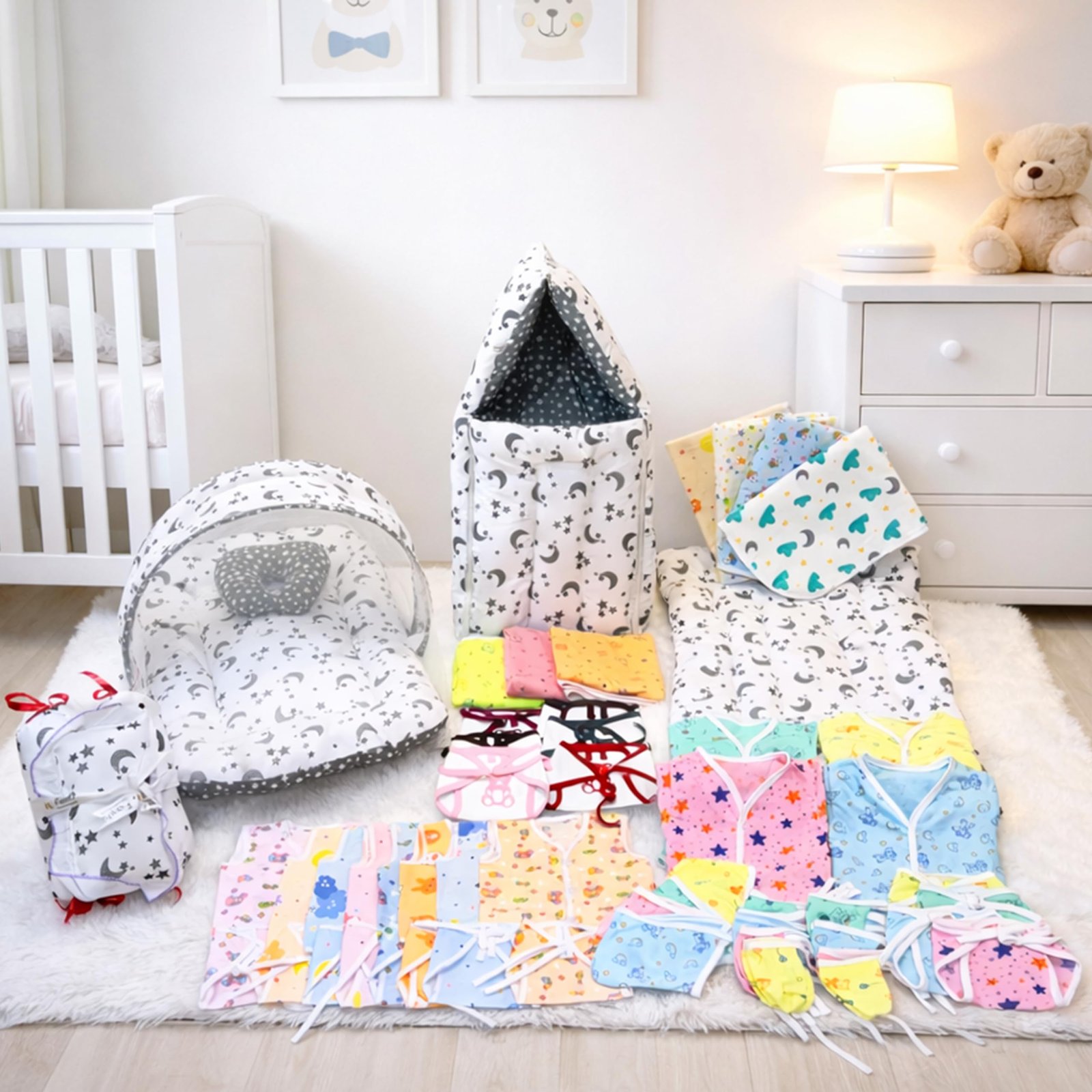 Infantbond 56 in 1 Baby Products All New Born Combo|Gift Set|Essentials|Hospital Kit|Clothes|Maternity Essentials|Infant Essentials|Baby Shower|Complete Daily Items Combo(0-6 Months) (Grey Moon)