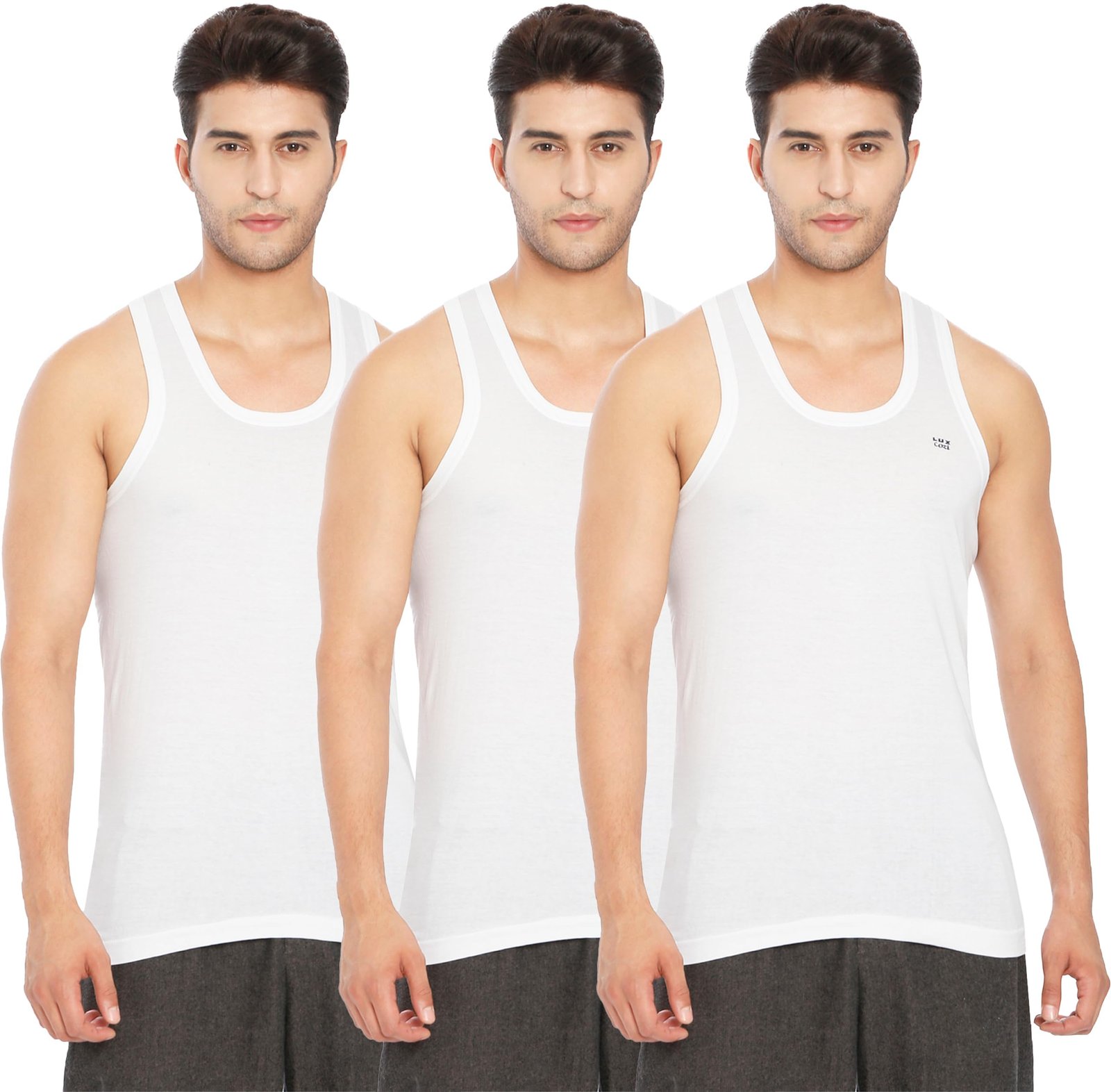Lux Cozi 100% Cotton Men Sleeveless Round Neck Vest – Modern White Baniyan for Men, Pack of 3
