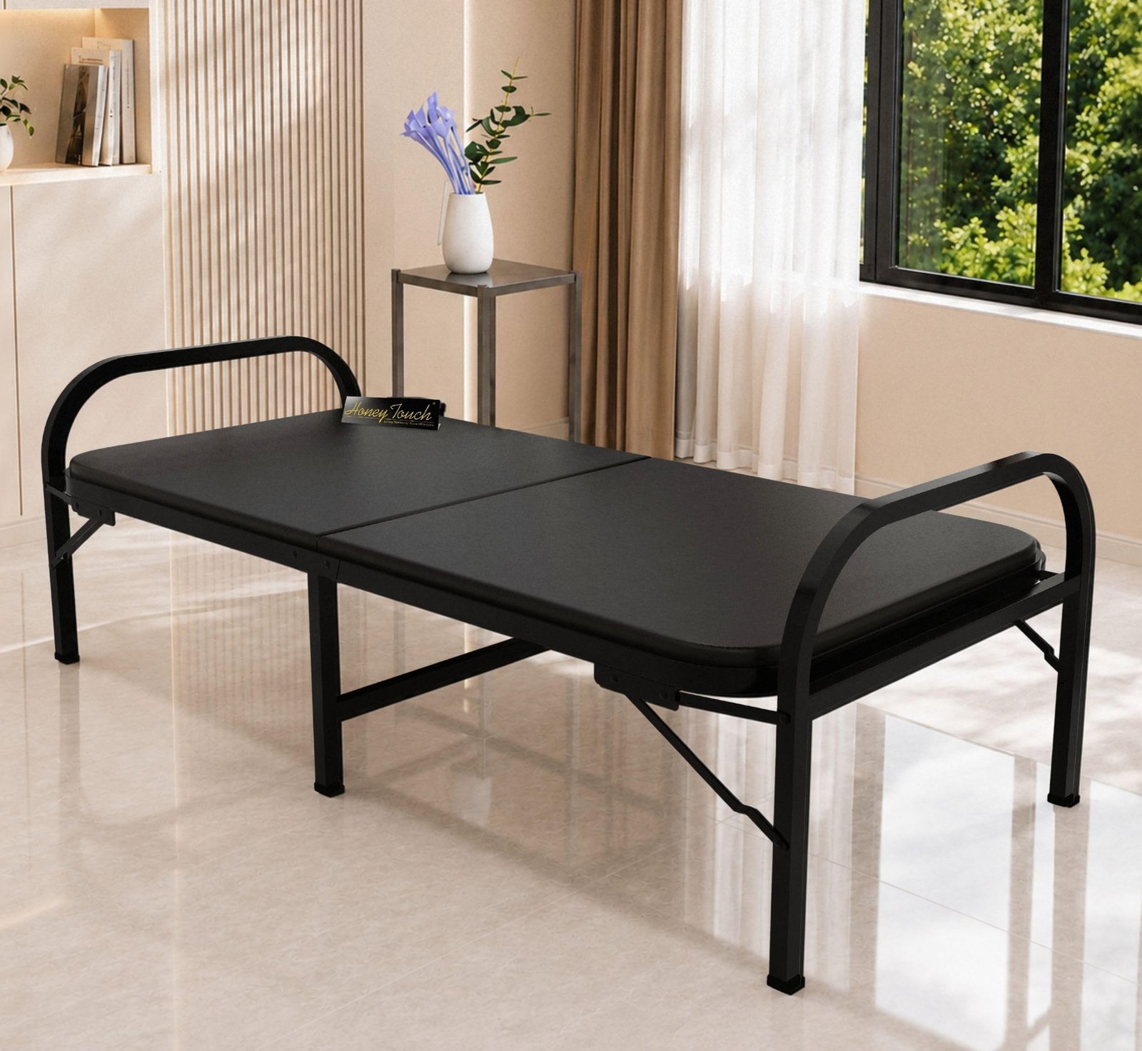 Honey Touch Atlas Essential Single Folding Bed for Sleeping with Mattress | No Assembly Required | Foldable Bed for Sleeping/Guests/Rented Apartments/Bedroom (3ft x 6ft, Black)