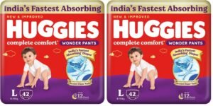 Huggies Complete Comfort Wonder Pants | Pant Style Baby Diapers L Size, 42 Count | India’s Fastest Absorbing Diaper, Patented Dry Xpert Channel, Ideal for 9 to 14 Kgs (Pack of 2)