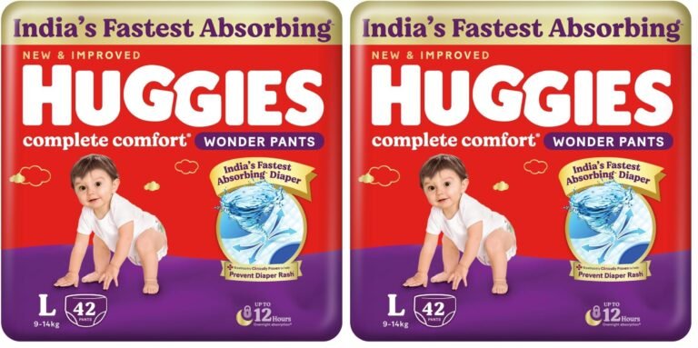 Huggies Complete Comfort Wonder Pants | Pant Style Baby Diapers L Size, 42 Count | India’s Fastest Absorbing Diaper, Patented Dry Xpert Channel, Ideal for 9 to 14 Kgs (Pack of 2)