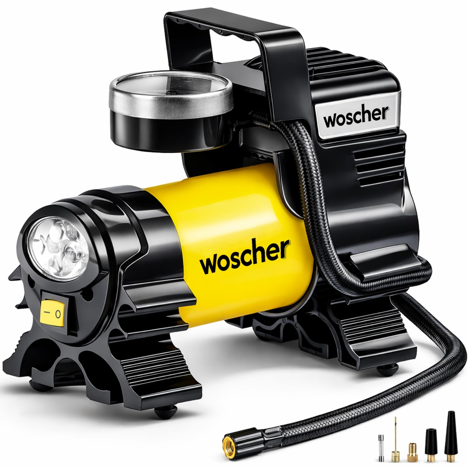 Woscher 100% Copper Motor Tyre Inflator for Car Air Pump for Car Tyres| 12V DC Superfast Inflation 150 psi | Strong Metal Body with Emergency LED Light,Heavy Duty Zipper Bag | 1 Yrs Warranty (678)