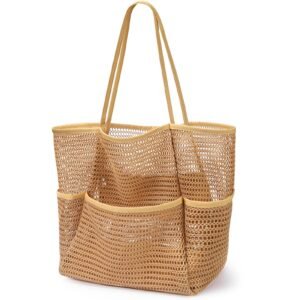 KPX Beach Bag with Mini Pocket, Beach Tote Bags for Women Large Foldable Mesh Swimming Pool Travel Bags – Sandproof