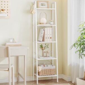 Hzuaneri Ladder Shelf, Bookshelf Bookcase, Freestanding Corner Storage Shelve with 2 Hooks for Home Office, Living Room, Kitchen, Bedroom, Industrial, 5-Tier White BC19213W