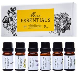 Pure Aroma Essential Oils Set of 6 Lavender, Peppermint, Lemongrass, Tea Tree, Eucalyptus, Sweet Orange, for Diffuser, Aromatherapy and Home Fragrance (10ml Each)