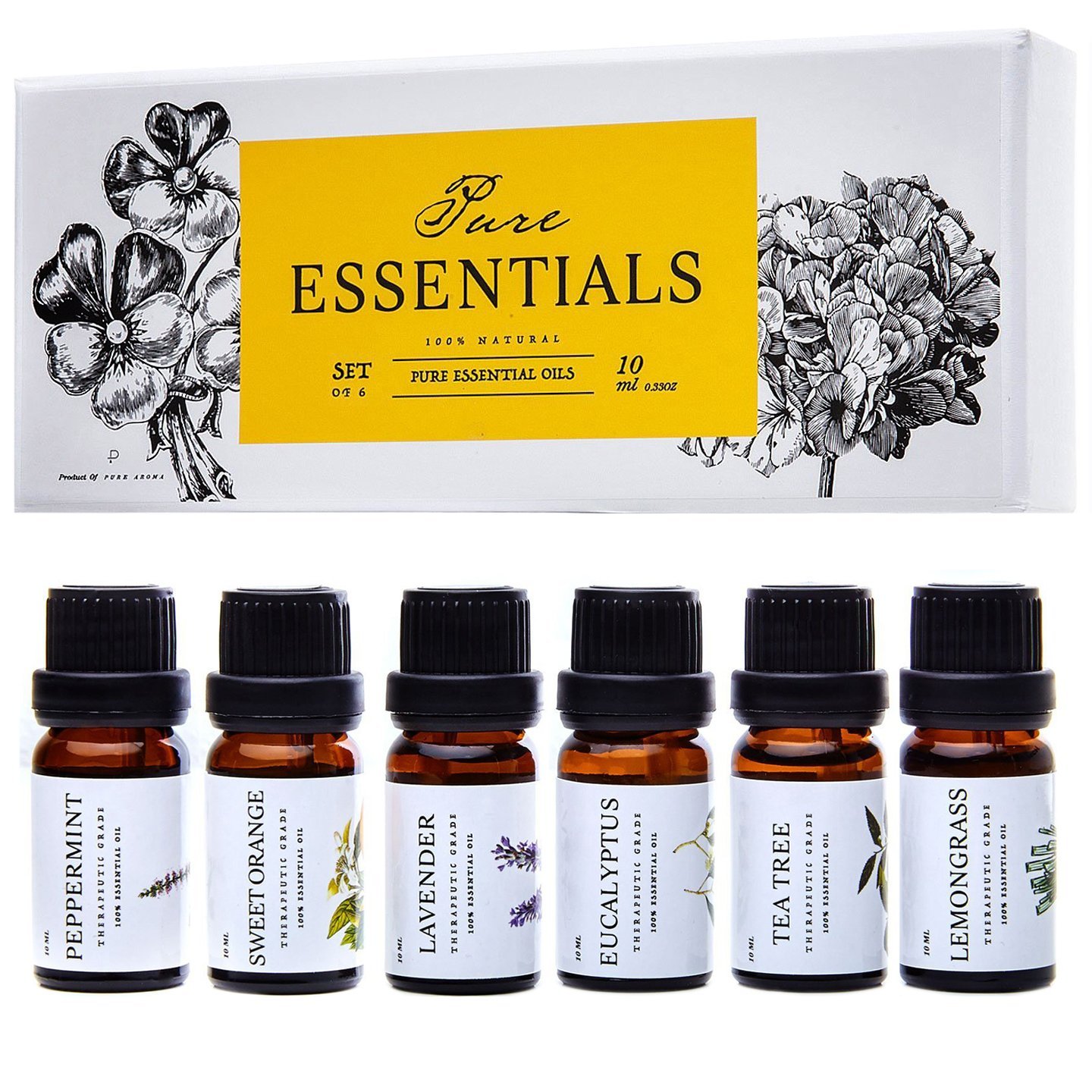 Pure Aroma Essential Oils Set of 6 Lavender, Peppermint, Lemongrass, Tea Tree, Eucalyptus, Sweet Orange, for Diffuser, Aromatherapy and Home Fragrance (10ml Each)