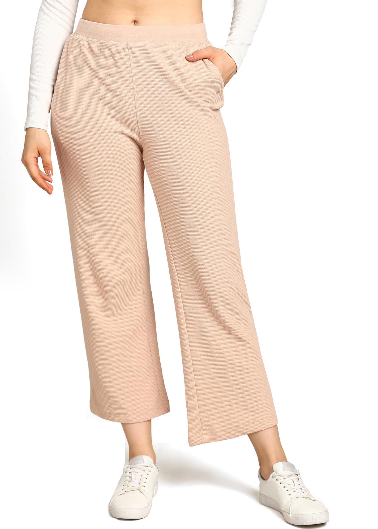 Alan Jones Clothing Women’s Straight Fit Mid Rise Solid Stretch Waffle Straight Pants