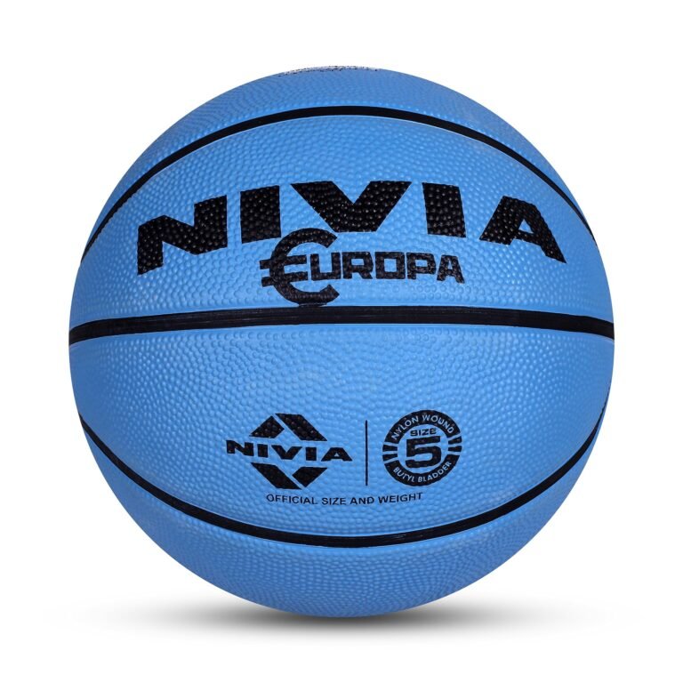 NIVIA Europa Basketball, As per Basic Standard, 8 Panels, Molded Durable Rubber Cover with Pebbled Texture, Butyl Threadwounded Bladder, to Play on All Indoor & Outdoor Surfaces (Size – 5, Assorted)