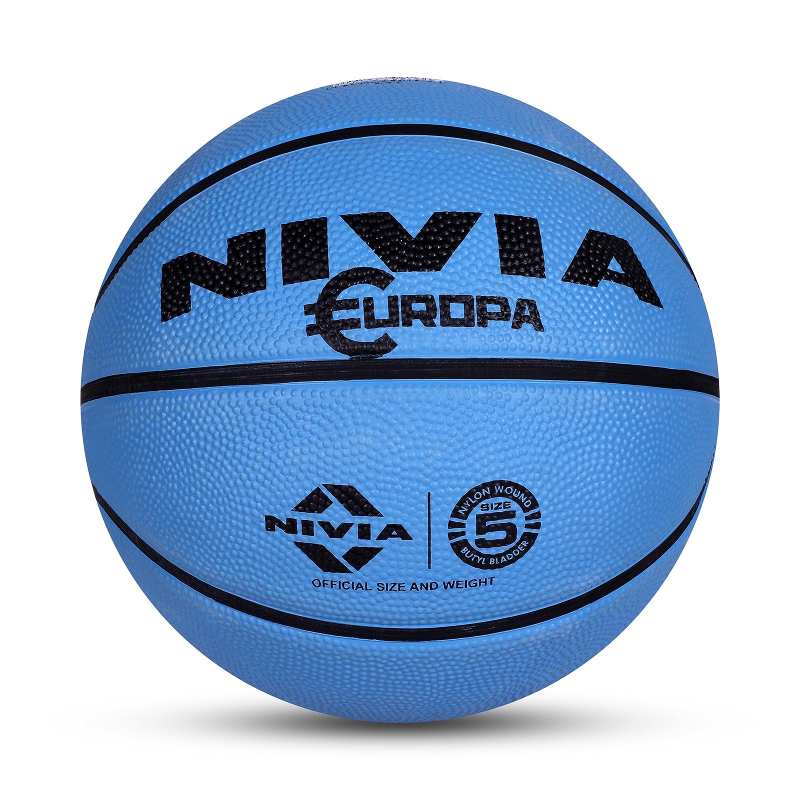 NIVIA Europa Basketball, As per Basic Standard, 8 Panels, Molded Durable Rubber Cover with Pebbled Texture, Butyl Threadwounded Bladder, to Play on All Indoor & Outdoor Surfaces (Size – 5, Assorted)