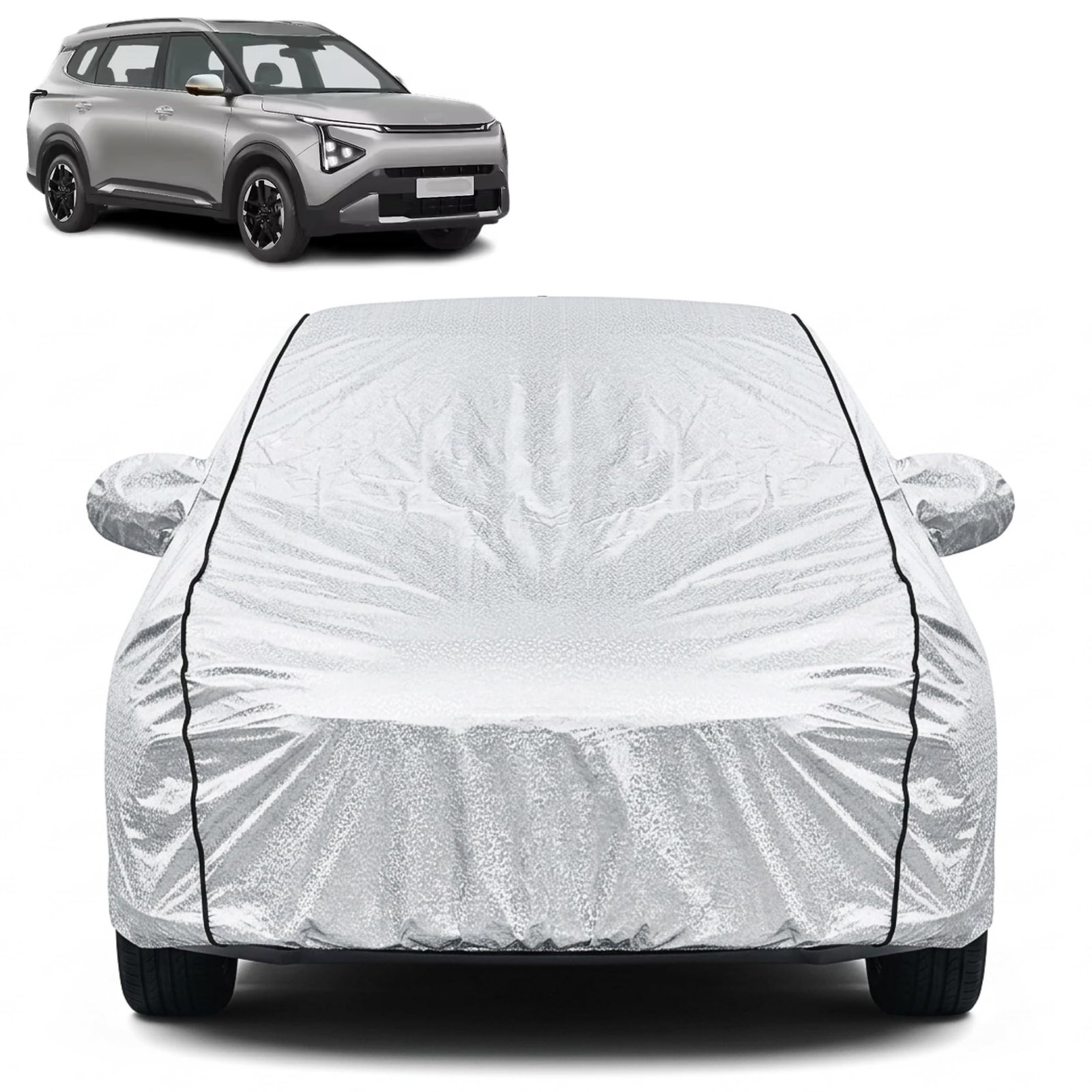 Waterproof Car Cover for Kia Carens Clavis | Dustproof, UV Resistant & Scratch Protection | Soft Cotton Lining | Triple Stitched | Mirror Pockets & Elastic Fit | Silver
