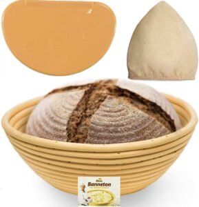 9 Inch Banneton Bread Proofing Basket – Sourdough Proving Baskets w/Bowl Scraper, Brotform Cloth Liner, Starter Recipe for Baking – Making Round Dough w/Rising Bannetons Banetton Benneton Proof Set