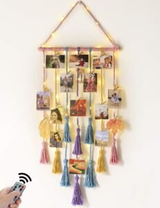 Homecor Hanging Photo Display for Teen Girls – Macrame Picture Collage Wall Decor, Boho Bedroom Apartment Dorm Room Decor With Remote Light – Christmas Birthday Gifts for Teenage Girls