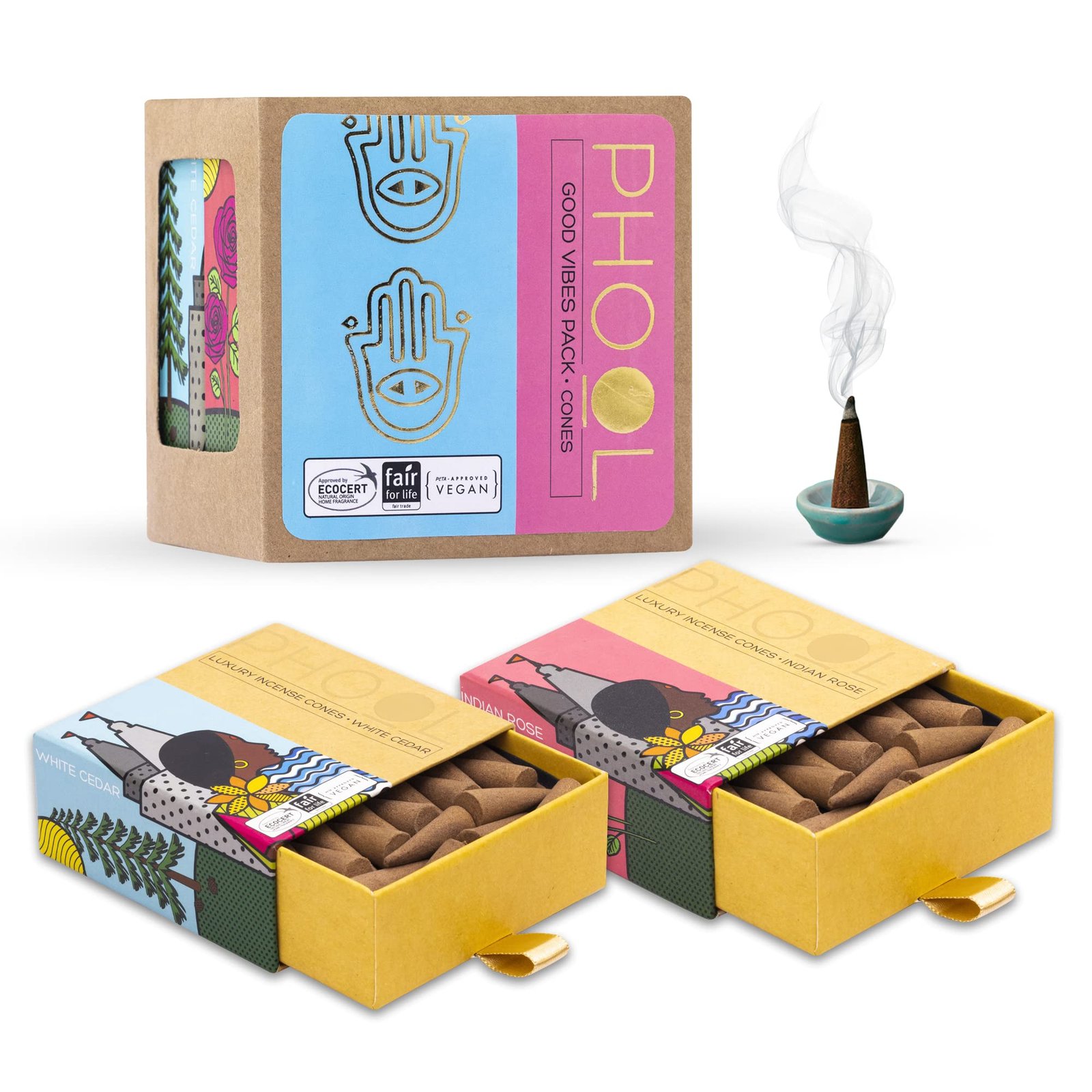 Phool Good Vibes Incense Cones | Indian Rose & White Cedar | Pack of 2