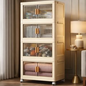 BAMEOS 𝟒 𝐏𝐀𝐂𝐊 Plastic Storage Cabinet with Doors & Wheels, Multipurpose Storage Organizer for Clothes, Kitchen, Bedroom & Bathroom, Large Space Saving Wardrobe Rack with Magnetic Doors – White