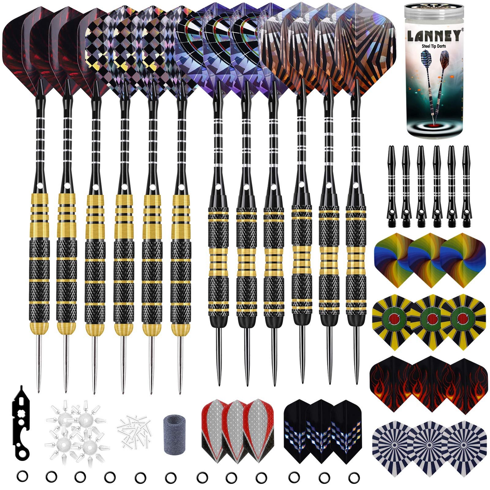 Steel Tip Darts Set Professional, 24 and 20 Grams Metal Tipped With Aluminum Shafts and Brass Barrels, Extra Flights, Sharpener Tool Kit, Carrying Case, 12 Pack