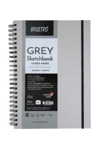 BRUSTRO Toned Paper – Grey Sketchbook | A4, 120 GSM | 60 Sheets/120 Pages | Wiro Bound, Spiral, Premium, Acid-free Paper, Ideal for Dry media, Mandala Art, Graphite, Charcoal, Colour pencils, Gel pens
