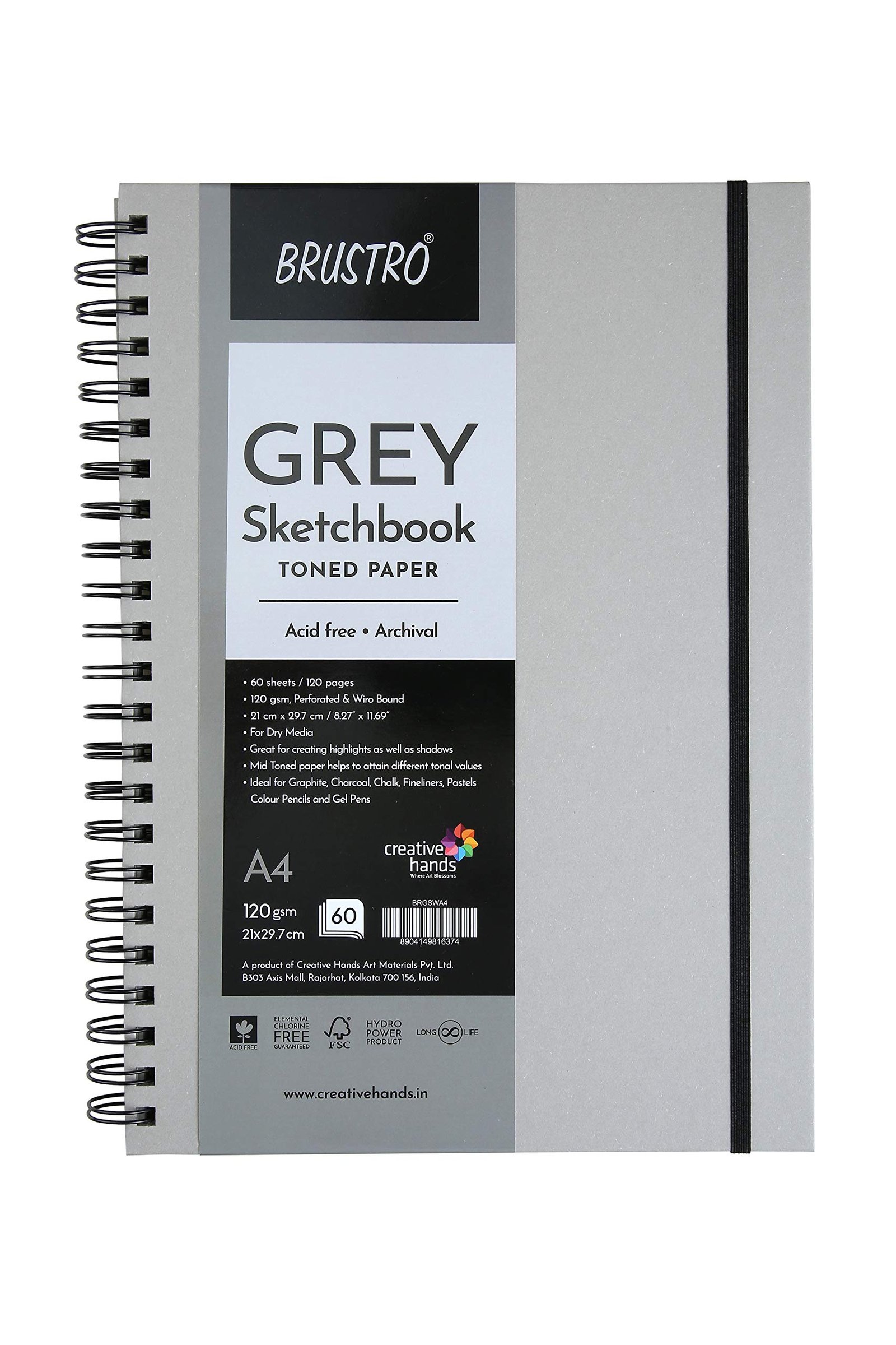BRUSTRO Toned Paper – Grey Sketchbook | A4, 120 GSM | 60 Sheets/120 Pages | Wiro Bound, Spiral, Premium, Acid-free Paper, Ideal for Dry media, Mandala Art, Graphite, Charcoal, Colour pencils, Gel pens