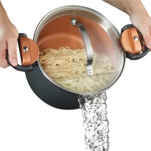 Gotham Steel Pasta Pot with Patented Built in Strainer with Twist N’ Lock Handles, Nonstick Ti-Cerama Copper Coating by Chef Daniel Green, 5 Quart