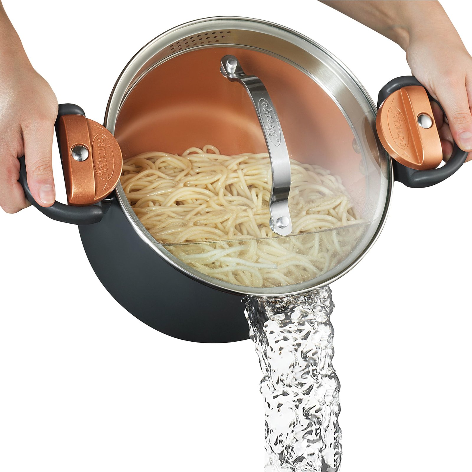 Gotham Steel Pasta Pot with Patented Built in Strainer with Twist N’ Lock Handles, Nonstick Ti-Cerama Copper Coating by Chef Daniel Green, 5 Quart
