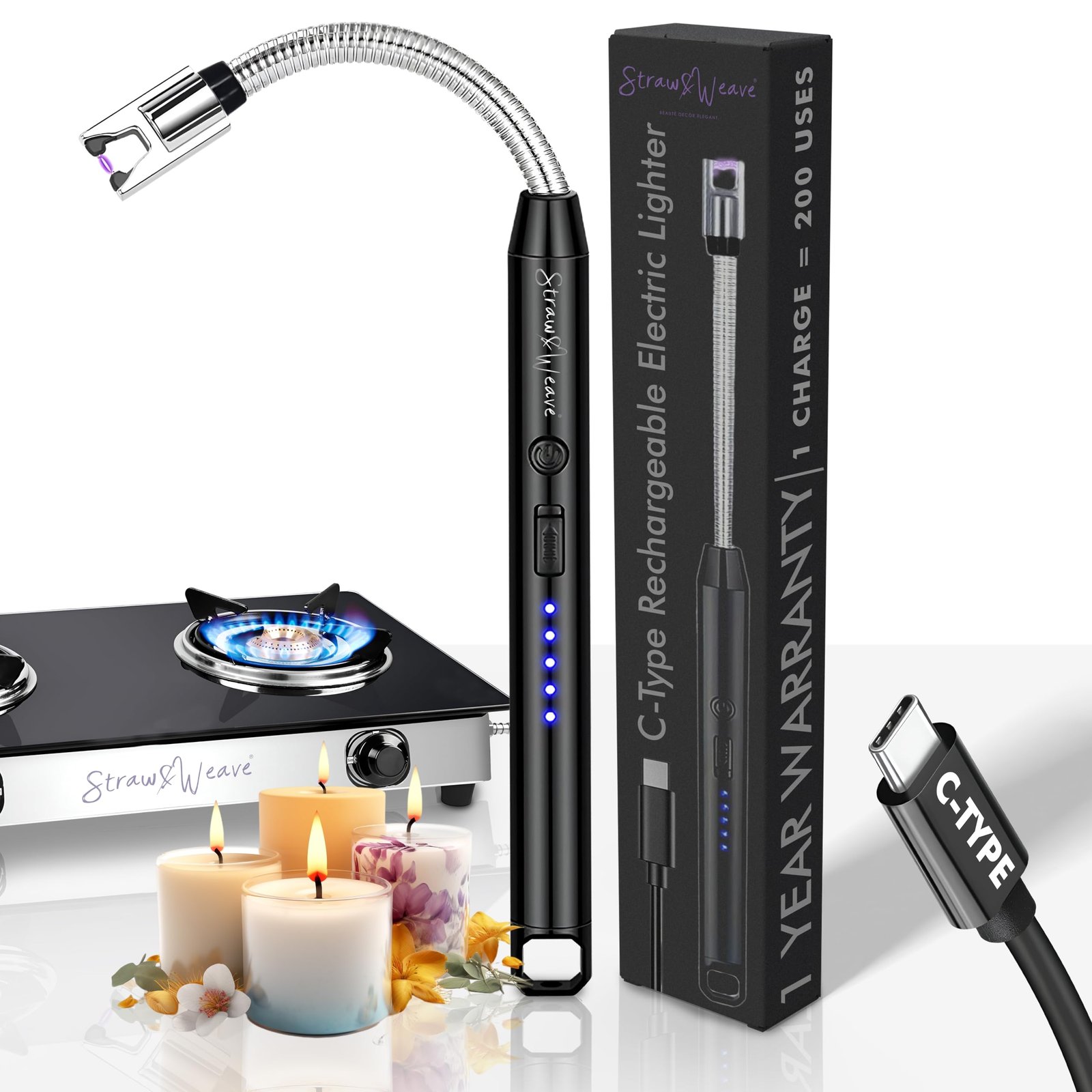 Rechargeable Electric Gas Lighter for Kitchen, Lighter for Gas Stove, Candles, Pooja, 1 Year Warranty, C-Type USB, Kitchen Tools, Multi Purpose – 360° Flexible & Windproof, Black