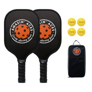 Amazin’ Aces Pickleball Paddle Bundle | Set Includes Two Graphite Paddles + Four Balls + One Mesh Pickleball Carrying Bag | Classic Rackets Feature Graphite Face with PP Honeycomb Core
