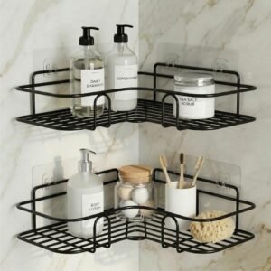DALUCI Set of 2 Metal Bathroom Corner Shelf Rack | No Drilling Self Adhesive Wall Mounted Storage Organizer for Bathroom & Kitchen | Rustproof Bathroom Shelves (8 & 9 INCH, Black)