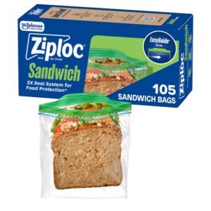 Ziploc Sandwich and Snack Bags with EasyGuide Texture, Plastic Storage Bags with Grip ‘n Seal Technology, 105 Bags Total