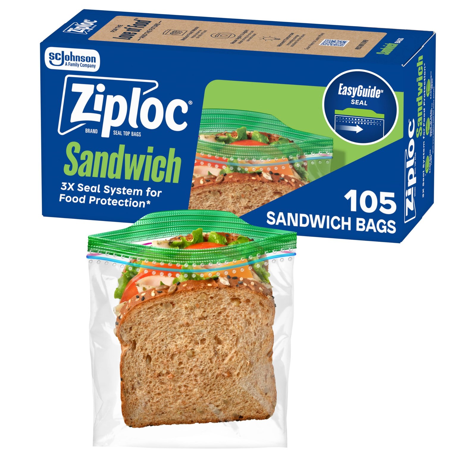 Ziploc Sandwich and Snack Bags with EasyGuide Texture, Plastic Storage Bags with Grip ‘n Seal Technology, 105 Bags Total