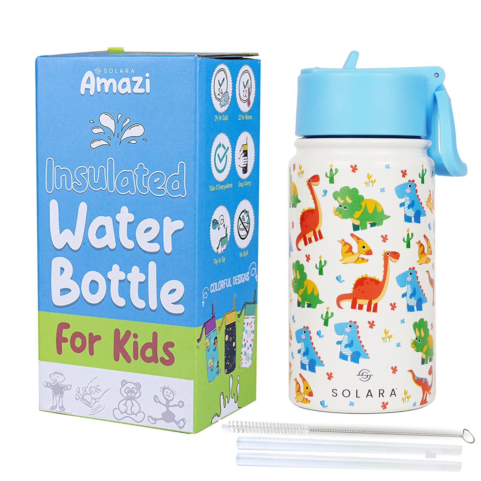 SOLARA Water Bottle for Kids | Insulated Sipper Bottle for Kids 450ml | Kids Water Bottle for Boys | Hot and Cold for Travel, Home, School | Dino