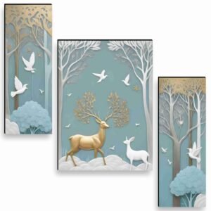 SAF deer Paintings for Wall Decoration – Set Of 3, 3d modern art Painting for Living Room Large Size with Frames for Home, Office painting 50.8 cm x 30.48 cm SANFJM36036-Engineered Wood