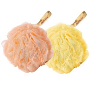 Midazzle Luxury Bathing Loofah Sponge Scrubber Exfoliator for High Lather Cleansing (Pack of 2, Peach and Yellow)