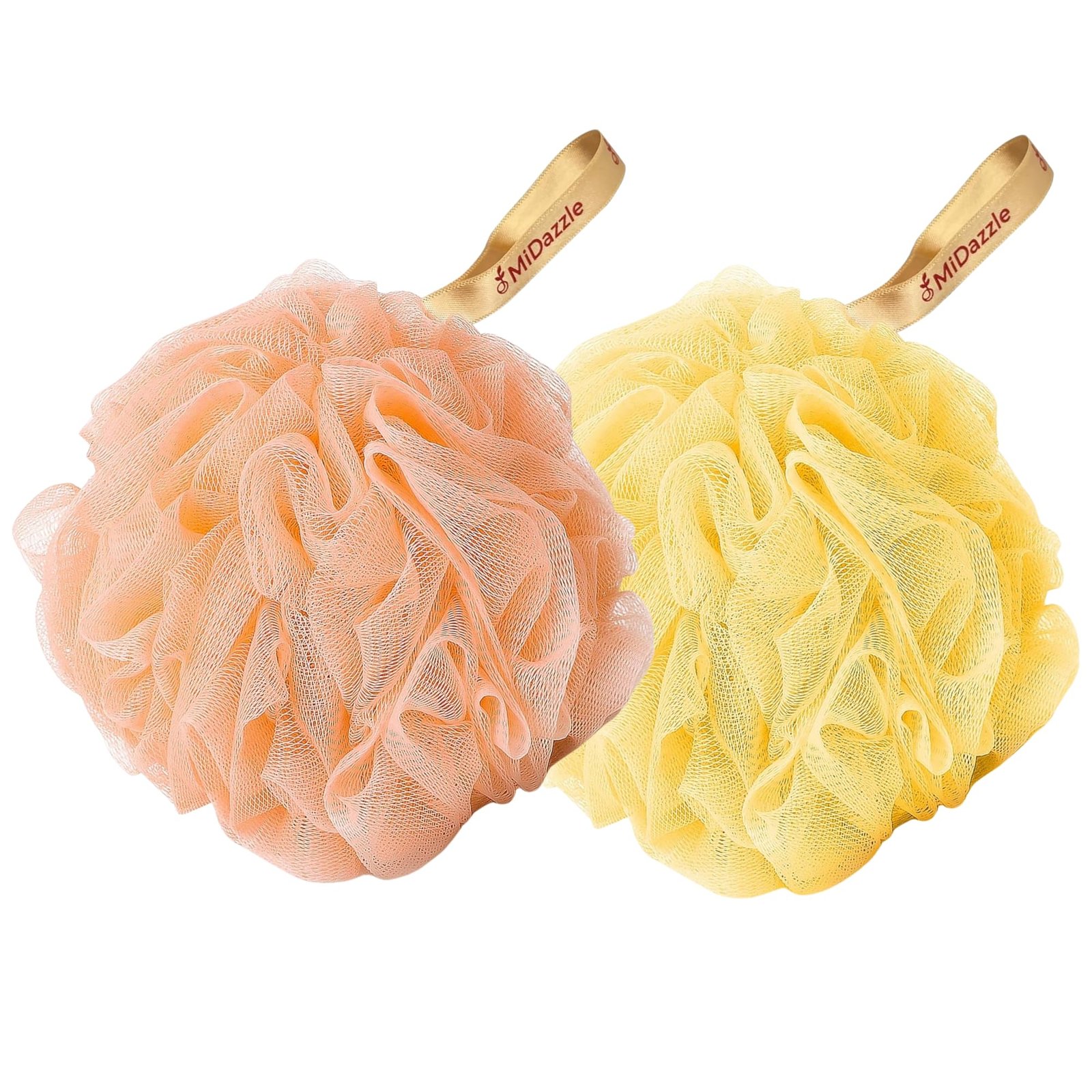 Midazzle Luxury Bathing Loofah Sponge Scrubber Exfoliator for High Lather Cleansing (Pack of 2, Peach and Yellow)