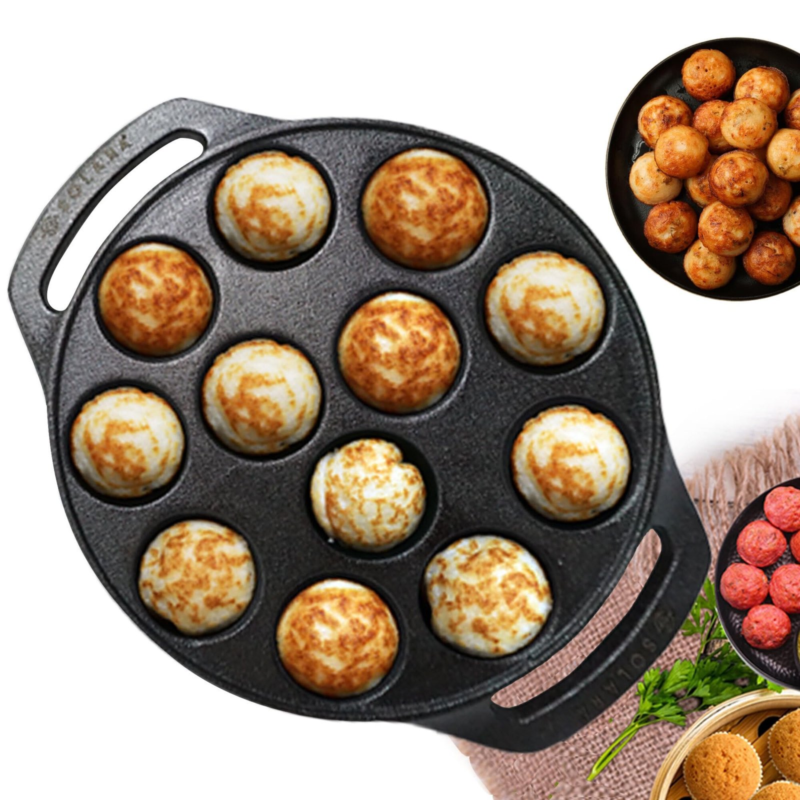 SOLARA Cast Iron 8″ inch (20 CM) Paniyaram Pan (12 Cavities) | Pan for Appe/Gunta Ponganalu/Paddu | Cast Cookware