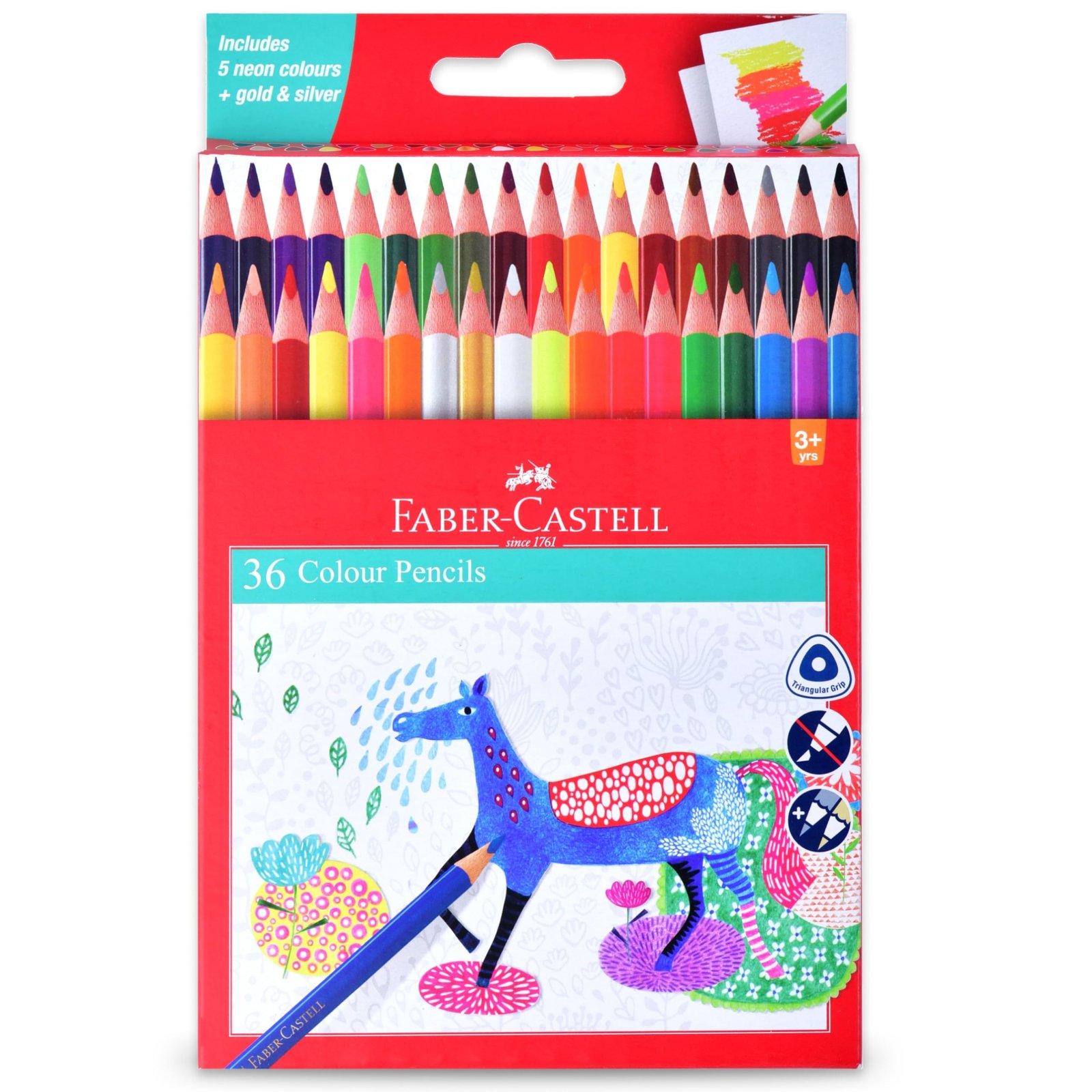 Faber-Castell Triangular Colour Pencil Set – Pack of 36 | Super Soft, Smooth & Child-Safe Colour Pencils | Classic Triangular Grip | Perfect for School and Art Projects