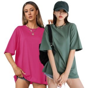 London Hills Women’s Cotton Loose Casual Round Neck Solid, Drop Shoulder T-Shirt Pack of 2