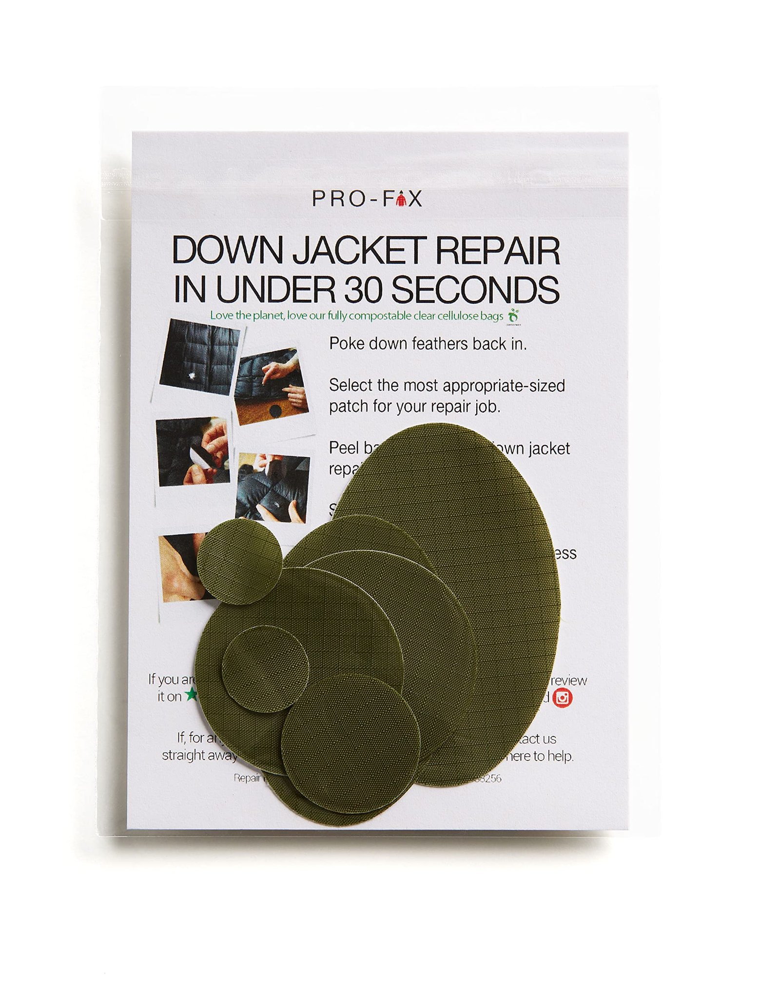 Pro-Fix Down Jacket Repair Patches Easy to Use, Pre-Cut, Self-Adhesive, Waterproof, Tear-Resistant Rip-Stop Nylon Fabric Patches for Jackets, Down Jacket Patches – Green Patches (Olive Green)