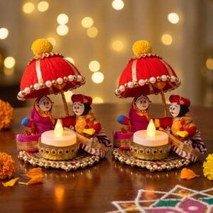 JH Gallery Raja Rani Tealight Candle Holder, Multicolour, 9 cm, Pack of 2