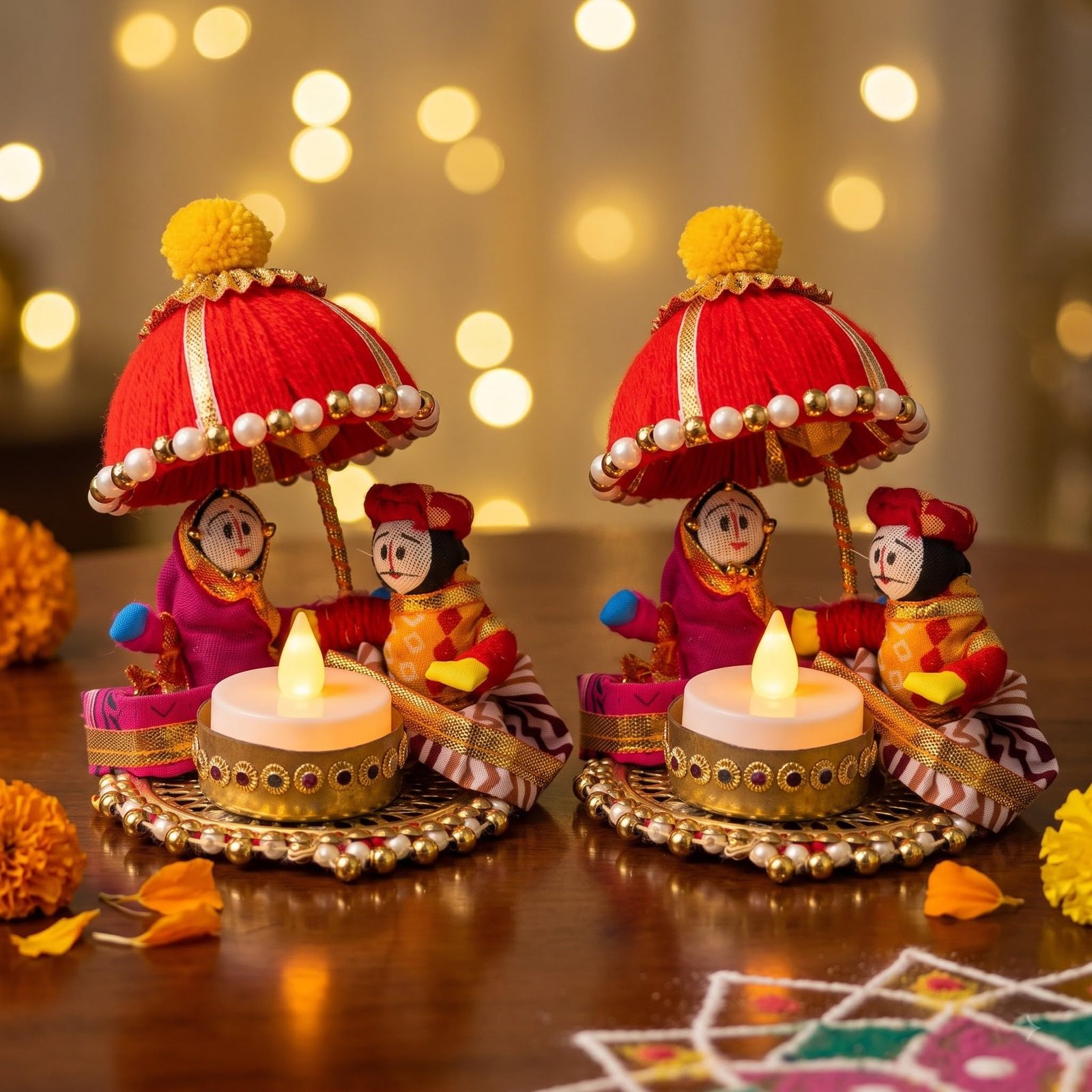 JH Gallery Raja Rani Tealight Candle Holder, Multicolour, 9 cm, Pack of 2