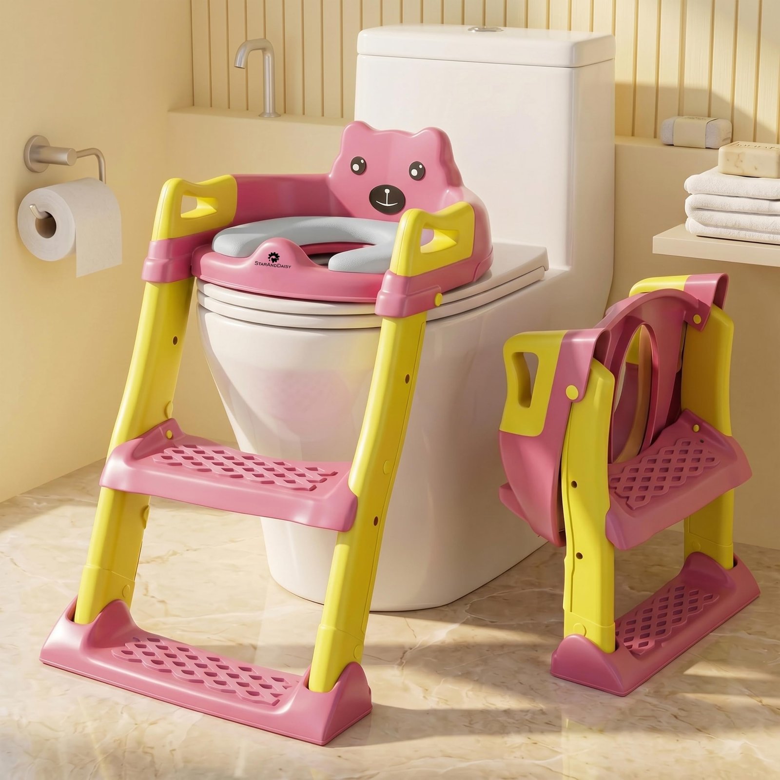 StarAndDaisy Potty Seat for Kids 1-5 Years – Baby Potty Seat/Ladder Potty Training Seat with Comfortable Soft Cushion, Anti-Skid Legs, Handles & Splash Guard