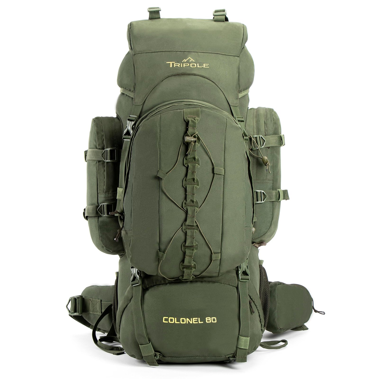 TRIPOLE Colonel Metal Frame 80L Rucksack with Detachable Bag & Rain Cover for Trekking & Travelling | Men & Women | 3 Year Warranty (Army Green, 80)
