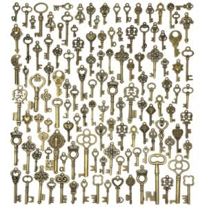 JIALEEY 125 Pcs Vintage Skeleton Key Set Charms, JIALEEY Mixed Antique Style Bronze Brass Key Set Charms For Pendant Diy Jewelry Making Wedding Party Favors