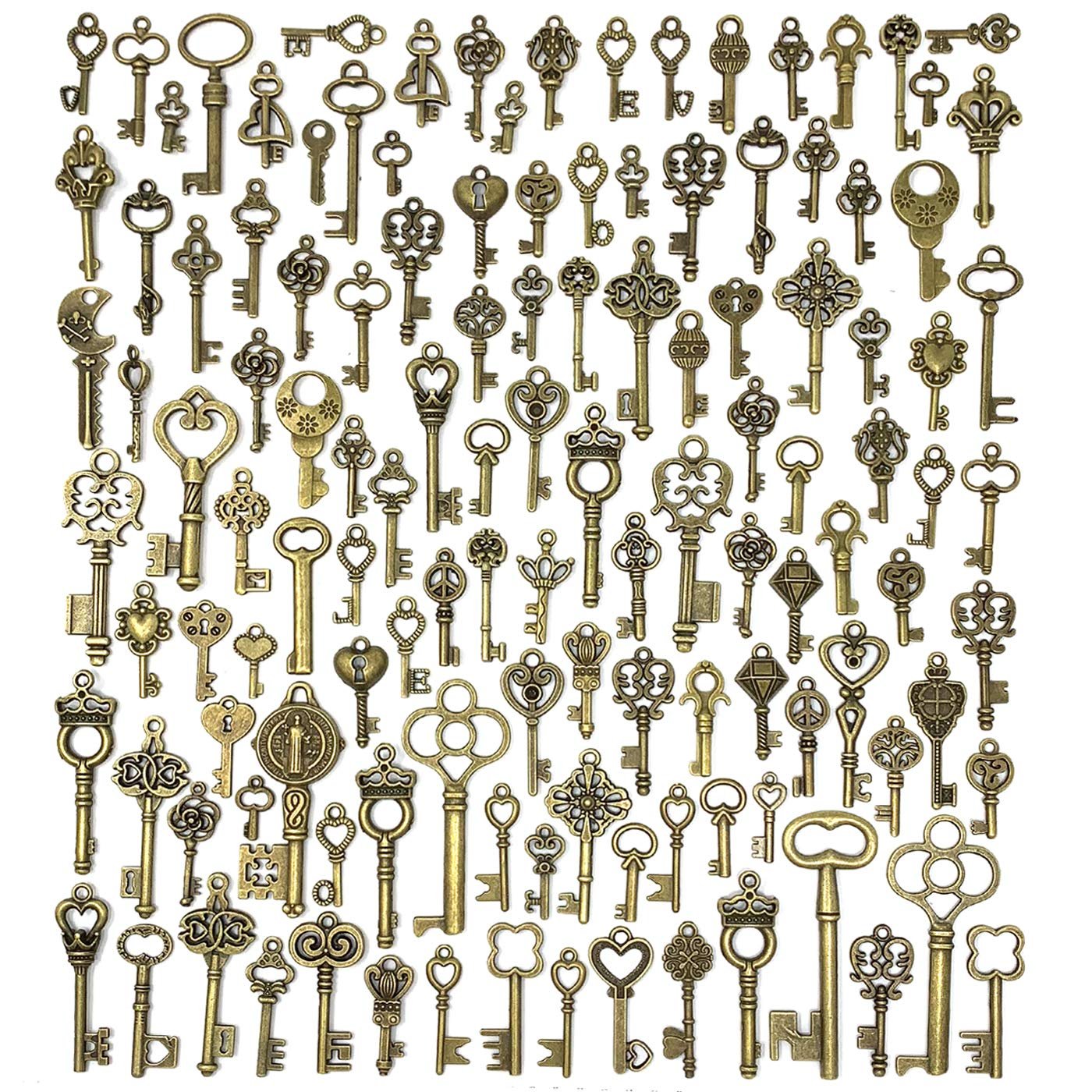 JIALEEY 125 Pcs Vintage Skeleton Key Set Charms, JIALEEY Mixed Antique Style Bronze Brass Key Set Charms For Pendant Diy Jewelry Making Wedding Party Favors