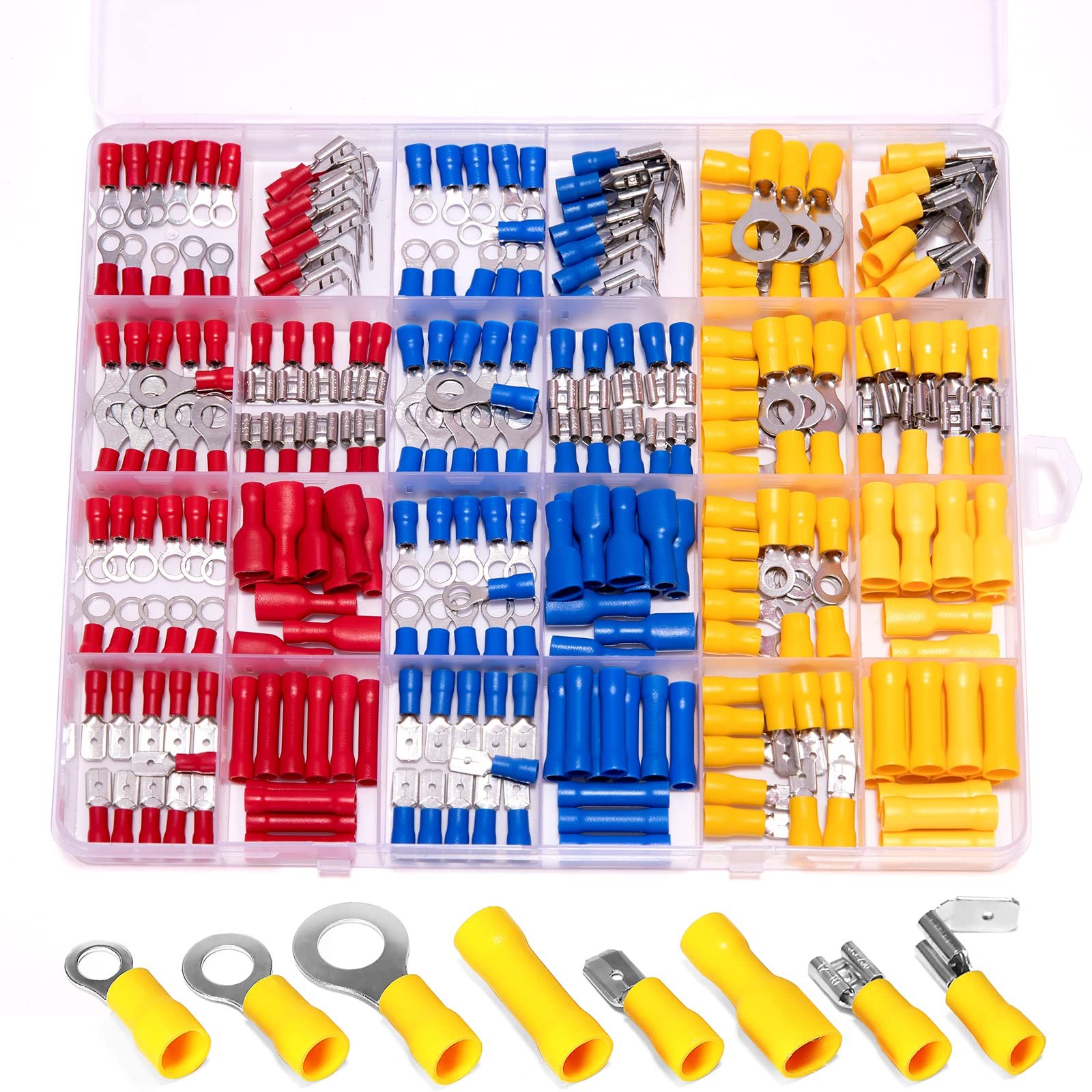 Ginsco 250Pcs Insulated Wire Connectors Assorted Crimp Terminal Kit – Quick Disconnect Ring Spade Butt Splices Piggy Back