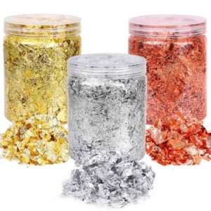 Gold Foil Flakes for Resin Jewelry Making, Paxcoo Gold Foil Flakes Metallic Leaf for Nails, Painting, Crafts, Slime and Resin Jewelry Making, 15 Grams Per Color (Gold, Silver, Copper Colors)